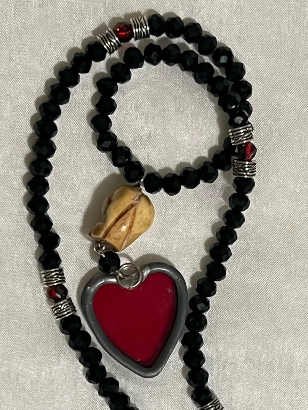 Handcrafted Black Crystal Bead Necklace with Red Steampunk Heart Pendant & Skull